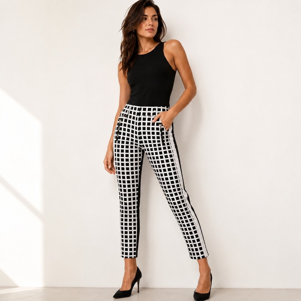 L.A.M.B. Gwen Stefani Pants 4 Black White Geometric Tuxedo Zip Y2K Viscose